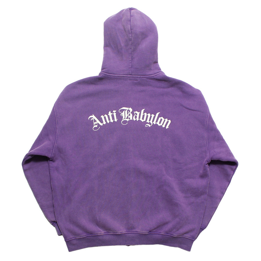 RAIDBACK FABRIC ANTI BABYLON CONFIDENTIAL WASHED ZIP HOODIE ジップアップパーカー パープル 背面 平置き RB26002