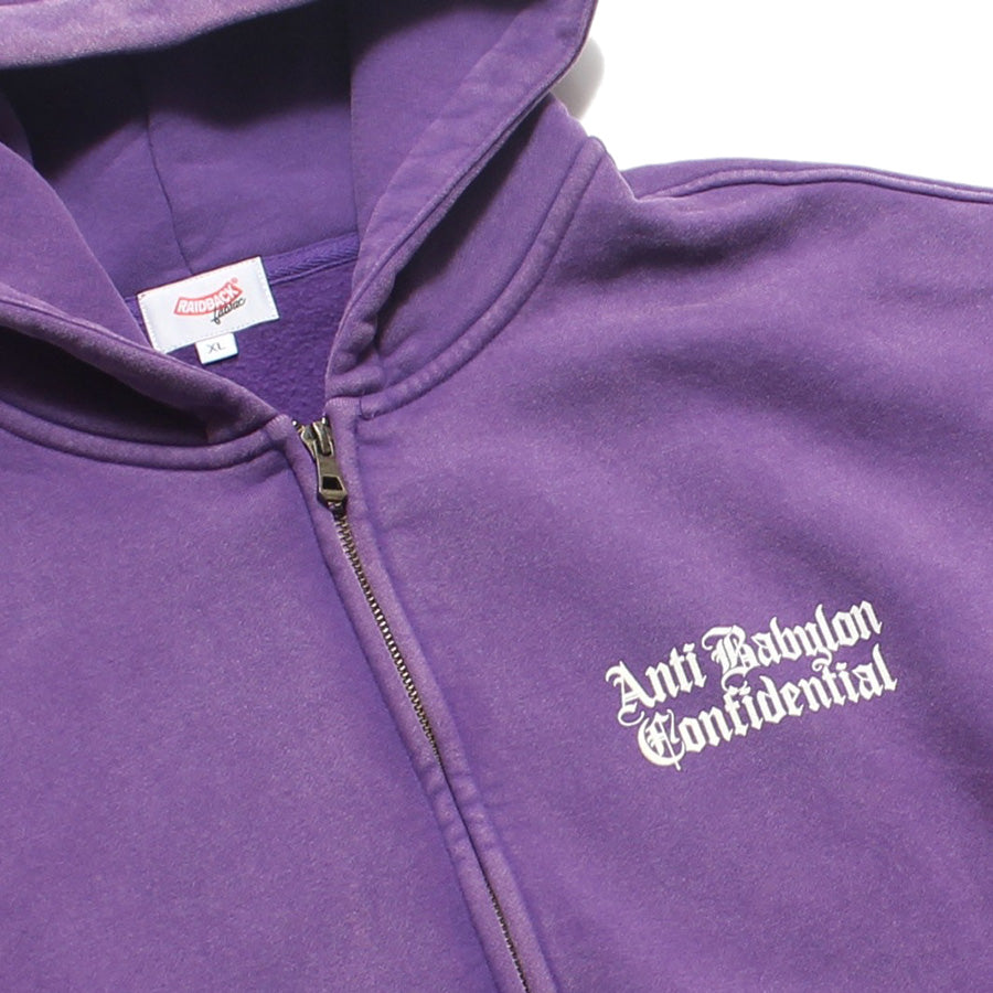 RAIDBACK FABRIC ANTI BABYLON CONFIDENTIAL WASHED ZIP HOODIE パープル 左胸ロゴプリント RB26002