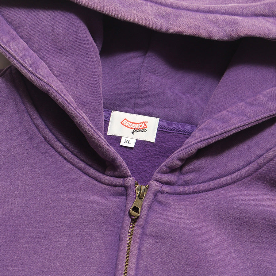 RAIDBACK FABRIC ANTI BABYLON CONFIDENTIAL WASHED ZIP HOODIE パープル 首元ブランドタグ RB26002