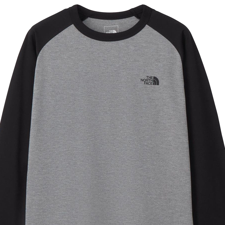 THE NORTH FACE ロングスリーブ ES ベースボールティー ミックスグレー×ブラック フロント上部詳細 NT82591
