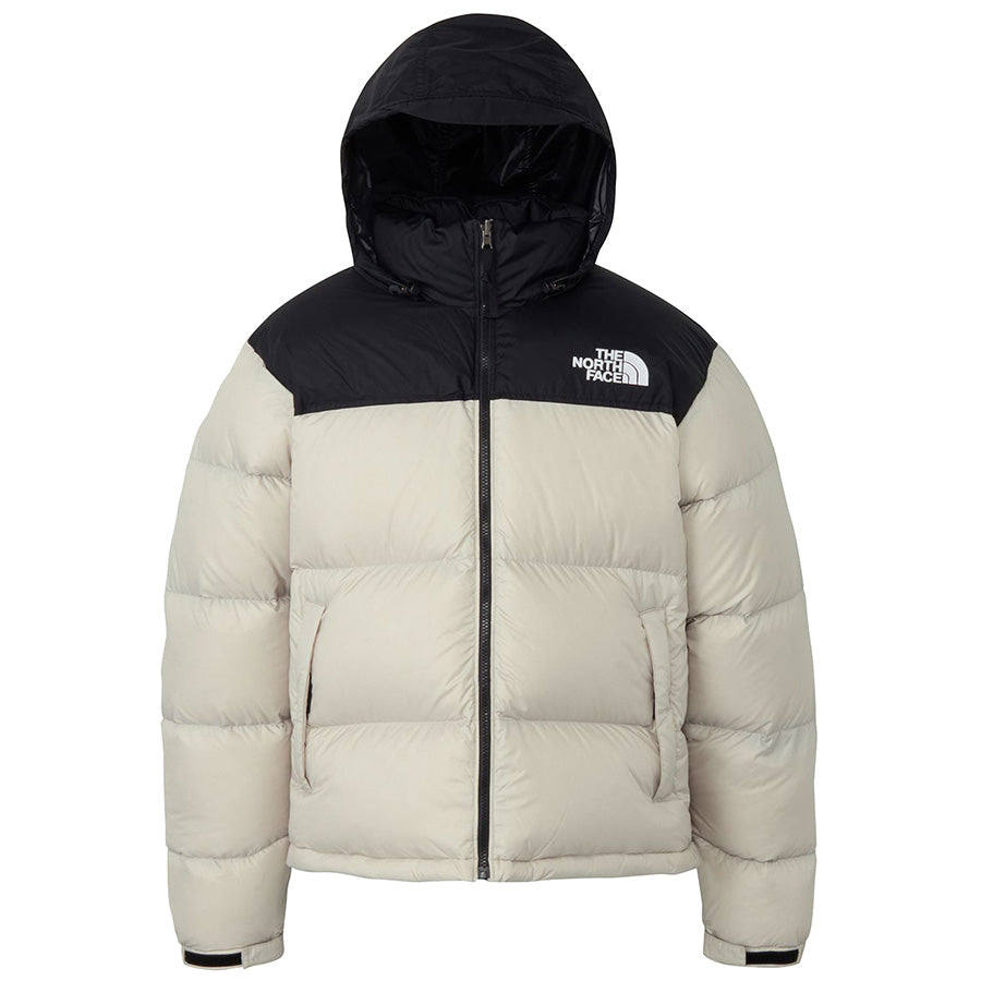 THE NORTH FACE ヌプシジャケット フォッシルアイボリー×ブラック 正面 フードを出した状態 ND92555