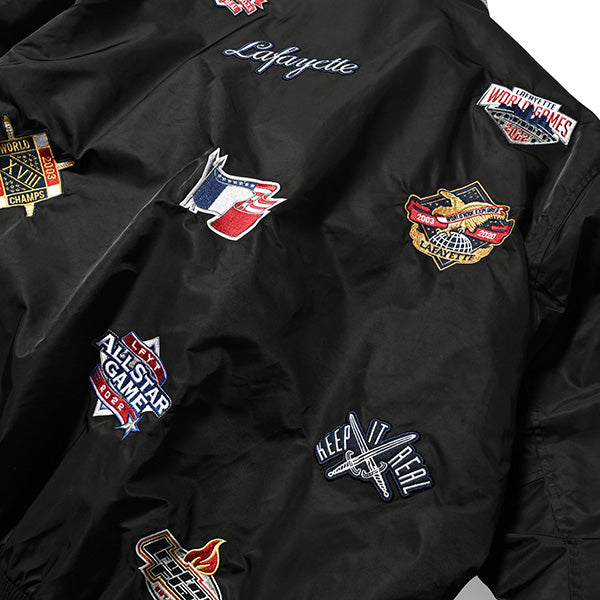 All Over Emblem Satin Varsity Jacket